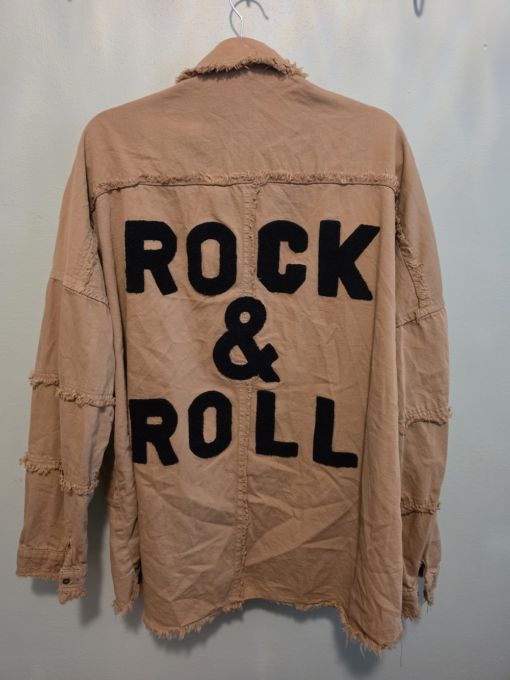 Elan Tan Overshirt with Black 'ROCK & ROLL' Appliqué